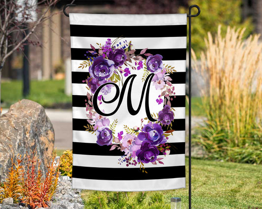Black and White Striped Purple Floral Garden Flag