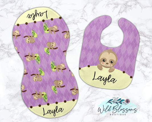 Purple Sloth Baby Bib And Burp Cloth Set