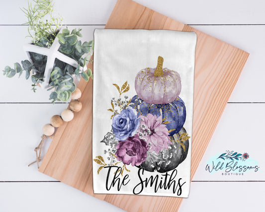 Purple And Black Floral Pumpkin Kitchen Towel