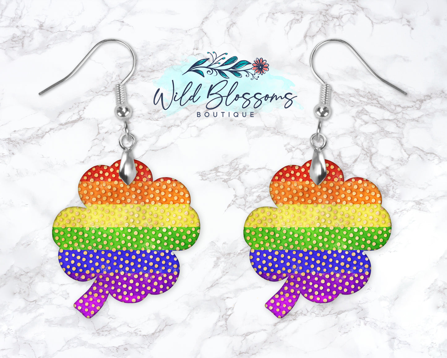 Rainbow With Gold Polka Dot Shamrock Drop Earrings