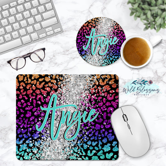 Rainbow Leopard Print Glitter Look Personalized Mouse Pad And Coaster Desk Set