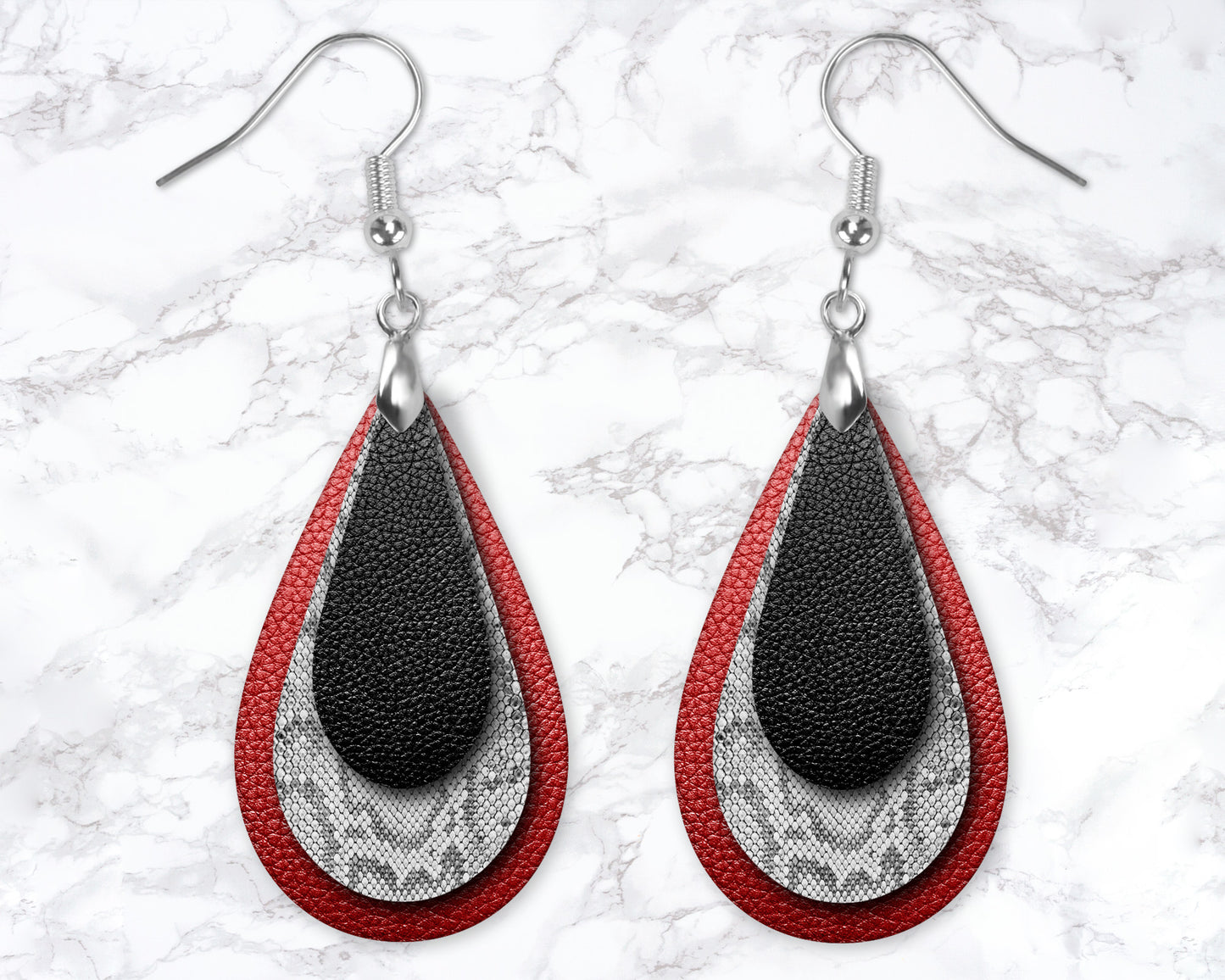 Red And Black Snakeskin Leather Look Drop Earrings