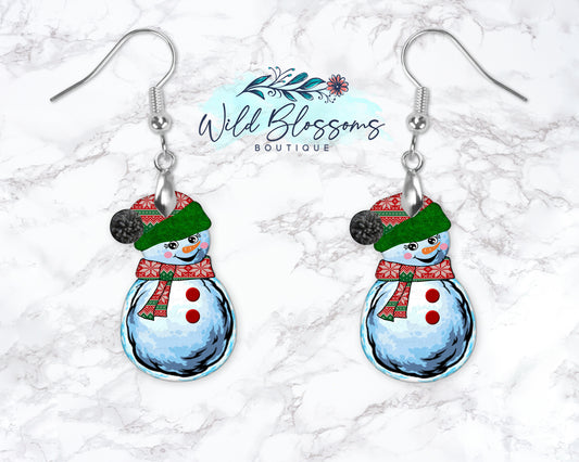 Red And Green Christmas Sweater Snowman Drop Earrings