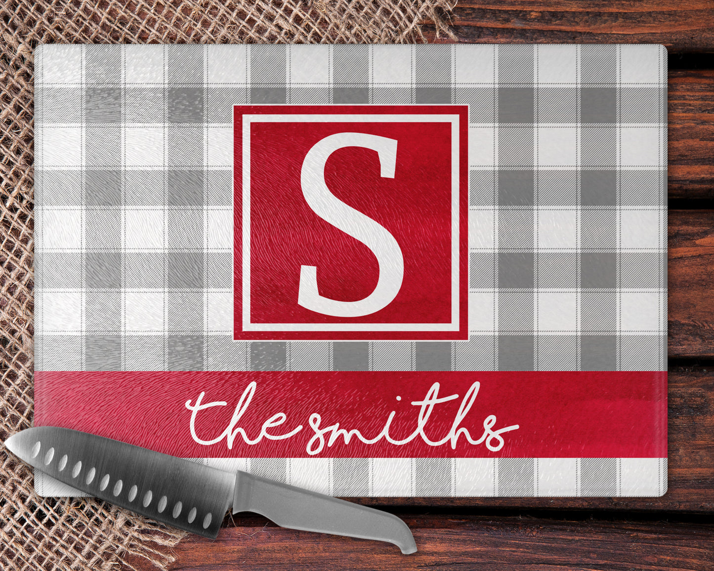 Grey And Red Buffalo Plaid Glass Cutting Board