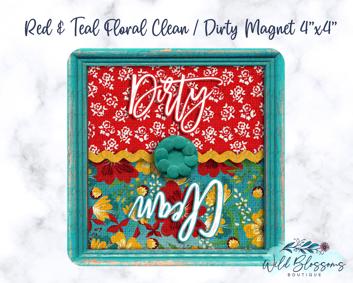 Red and Teal Floral Farmhouse Clean / Dirty Dishwasher Magnet