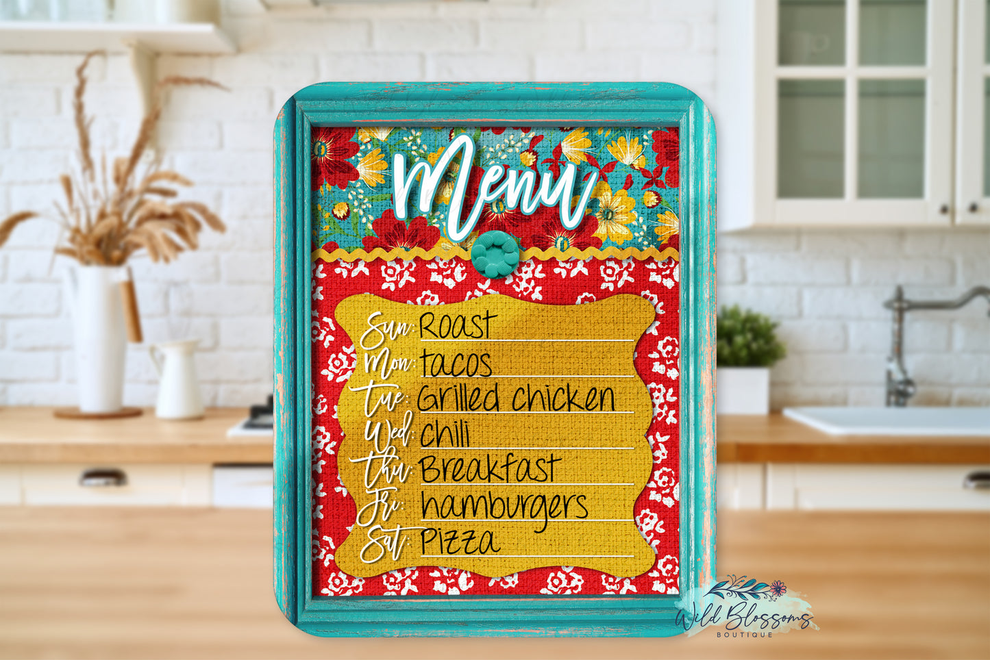 Red And Teal Floral Farmhouse Glass Cutting Board