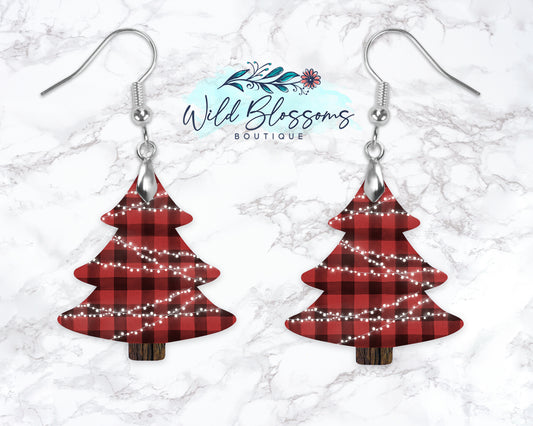 Red Buffalo Plaid Christmas Tree Drop Earrings