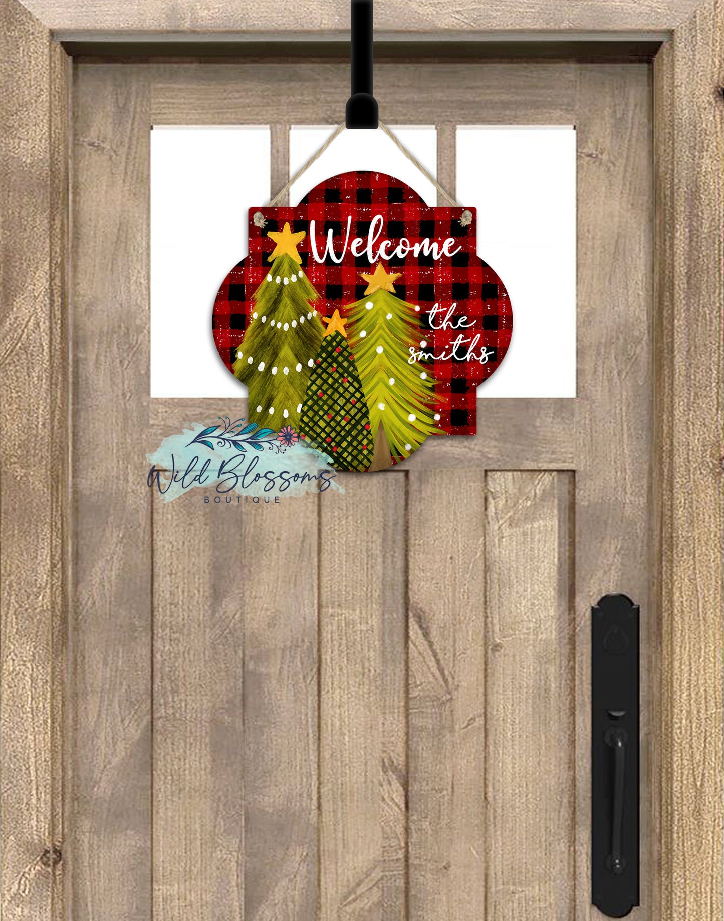 Red Buffalo Plaid Christmas Trees Quatrefoil Door Hanger