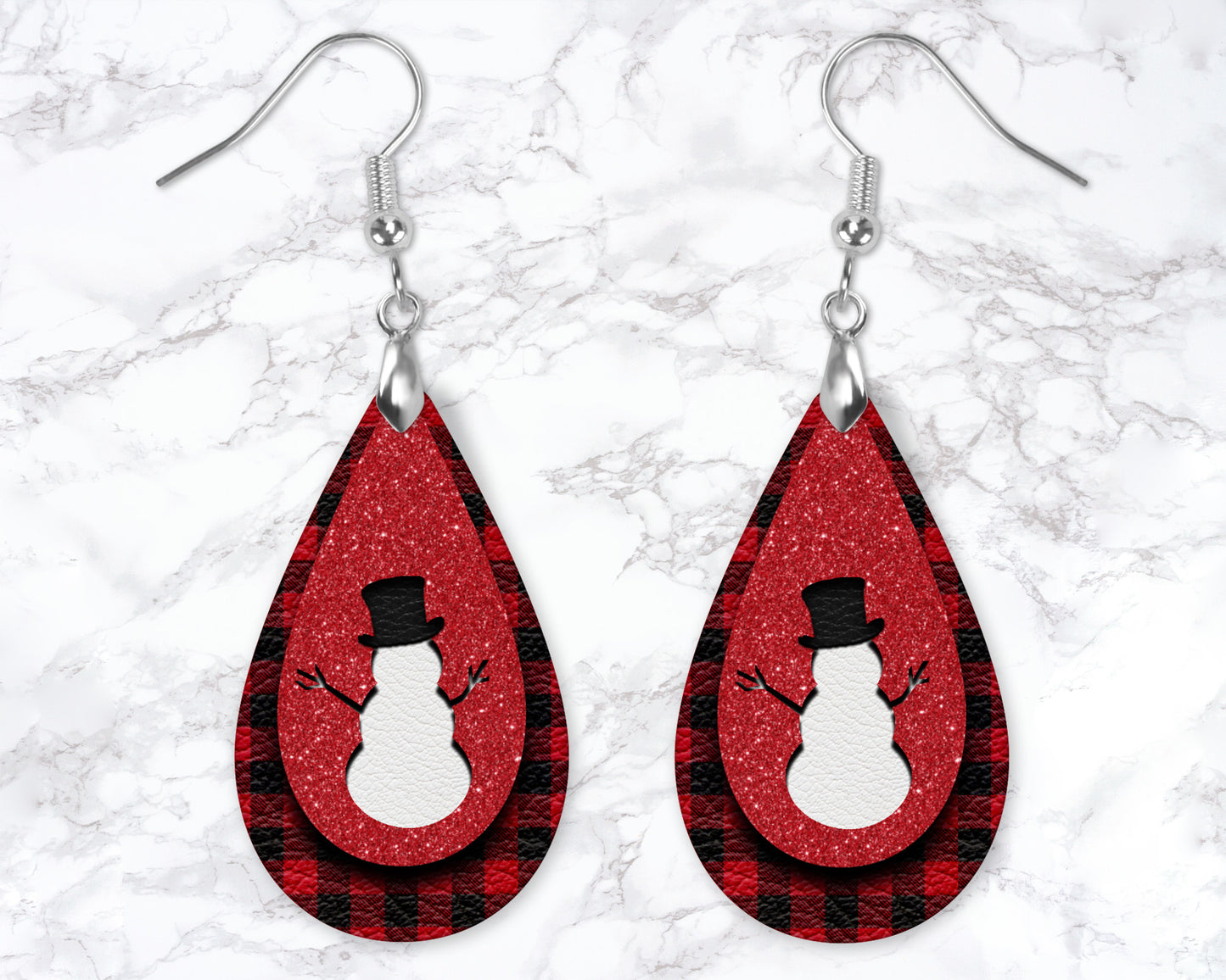 Red Buffalo Plaid Snowman Drop Earrings