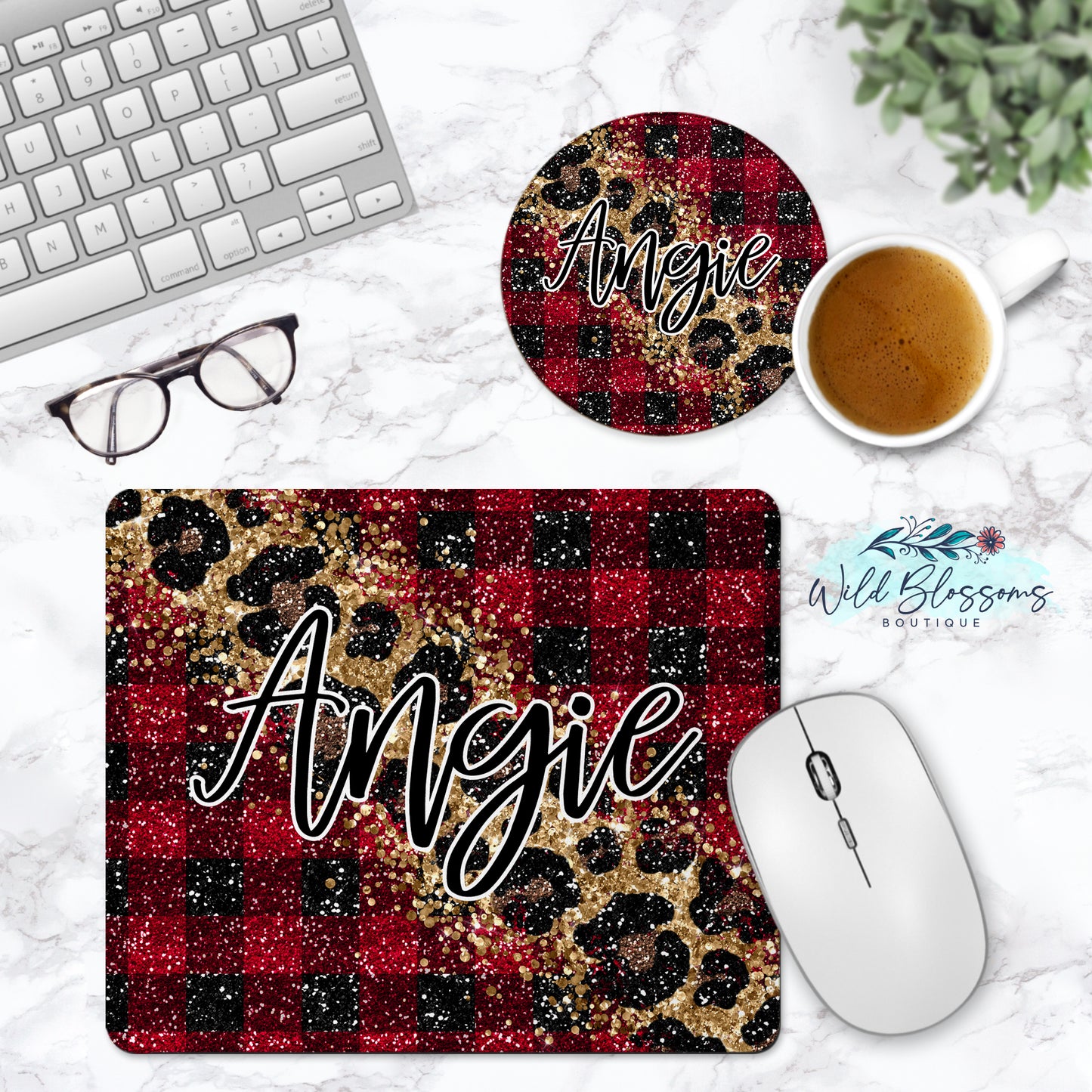 Red Buffalo Plaid And Leopard Print Glitter Look Personalized Mouse Pad And Coaster Desk Set