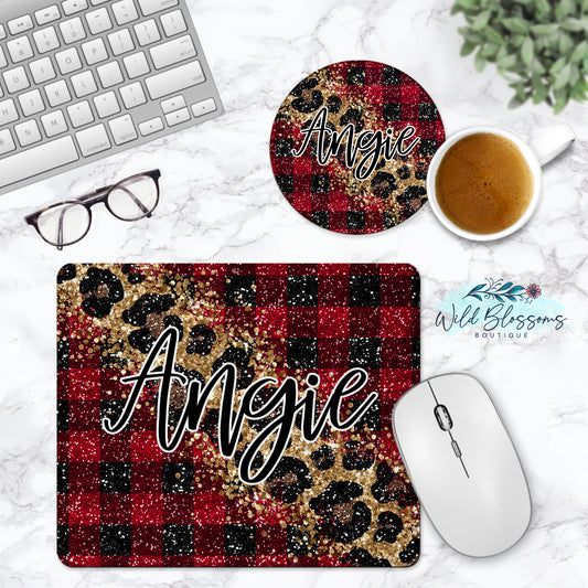 Red Buffalo Plaid And Leopard Print Glitter Look Personalized Mouse Pad And Coaster Desk Set