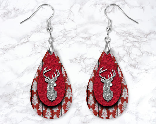 Red Wooden Christmas Tree Silver Deer Drop Earrings