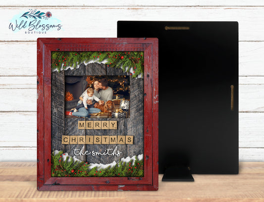 Rustic Wooden Framed Wooden Tile Letter Merry Christmas Photo Sign