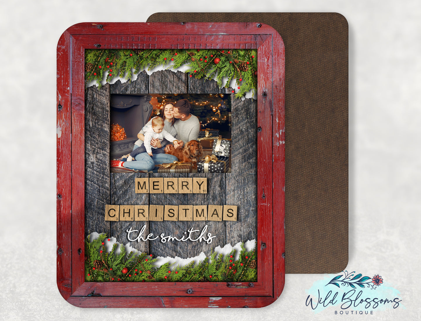 Rustic Wooden Framed Wooden Tile Letter Merry Christmas Photo Sign