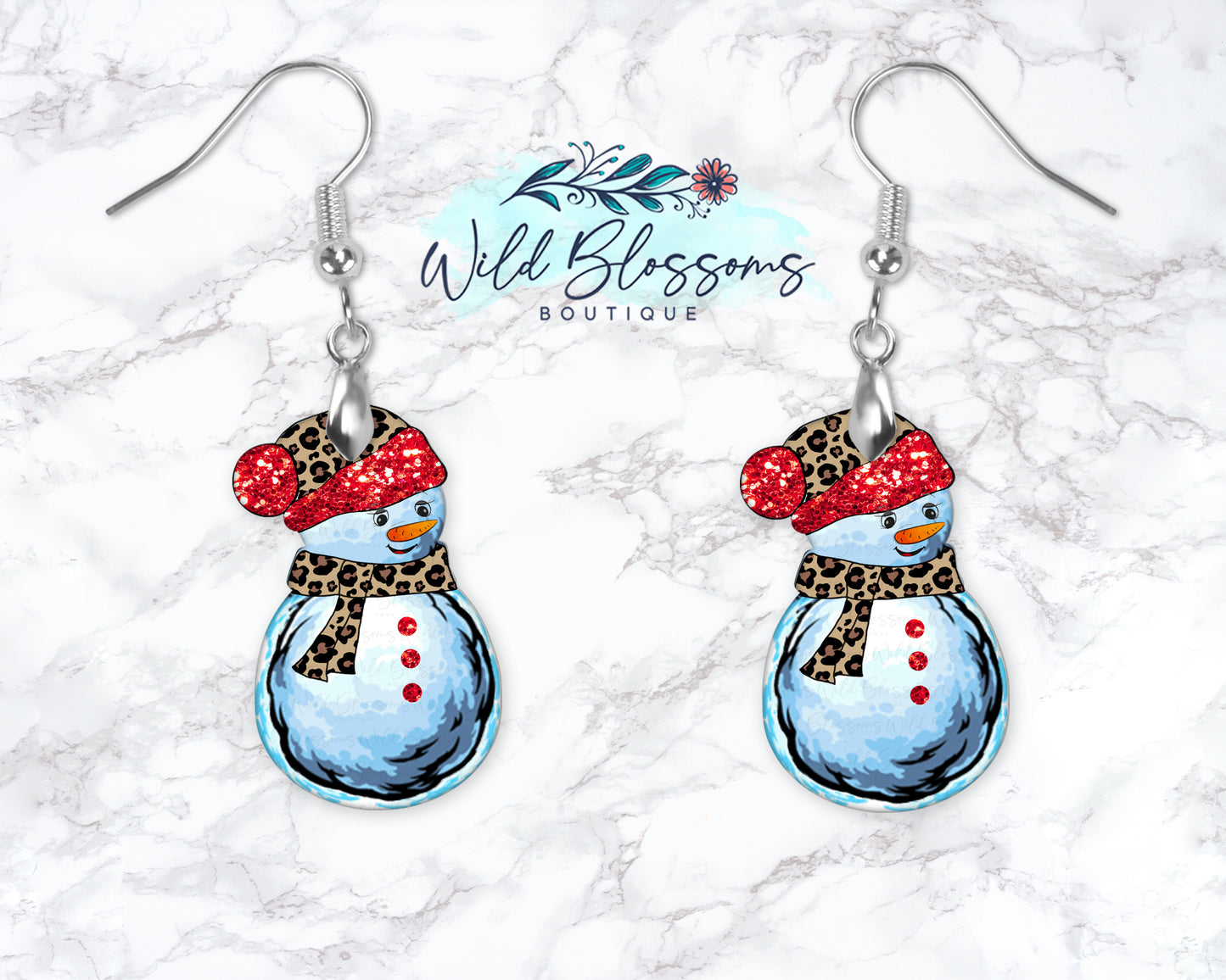 Red Glitter Leopard Print Snowman Drop Earrings