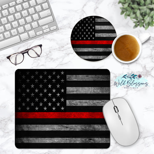 Wooden American Flag Red Line Personalized Mouse Pad And Coaster Desk Set