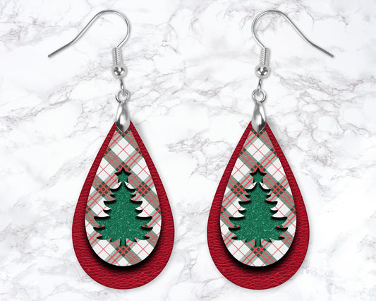 Red Tartan Christmas Tree Drop Earrings