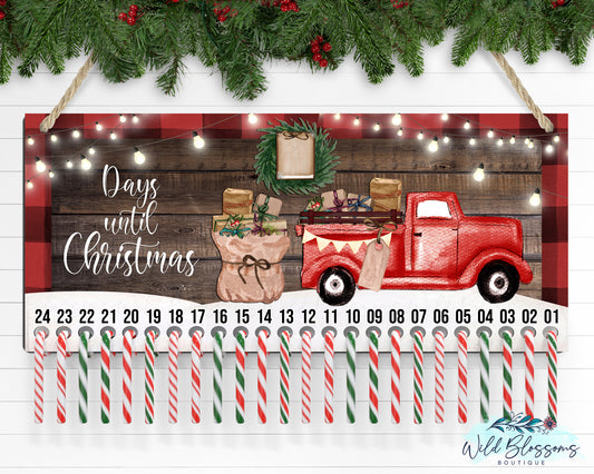 Red Vintage Truck Days Until Christmas Countdown Advent Door Hanger