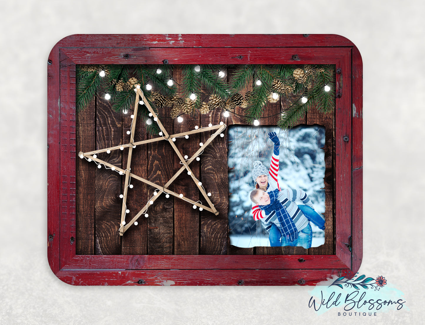 Rustic Red Wooden Framed Winter Star Merry Christmas Photo Sign