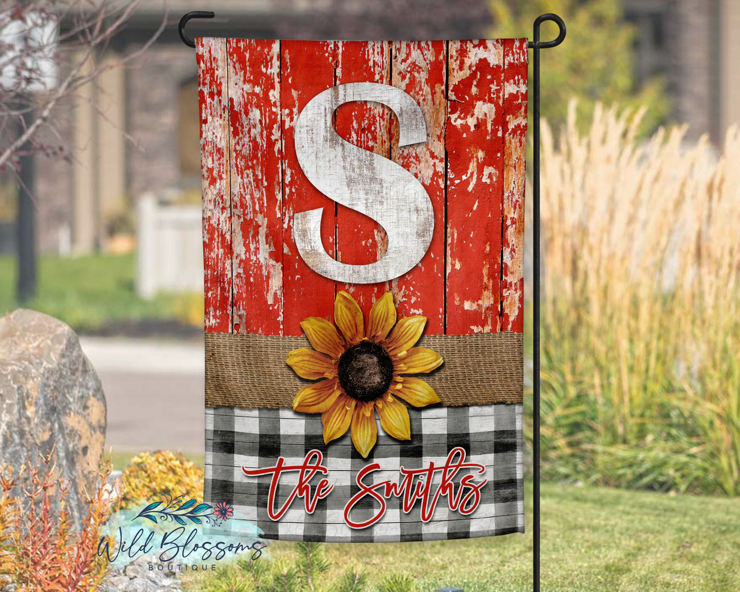 Red Wooden Buffalo Plaid Sunflower Garden Flag