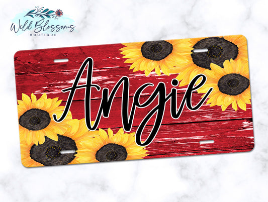 Red Wooden Sunflower License Plate
