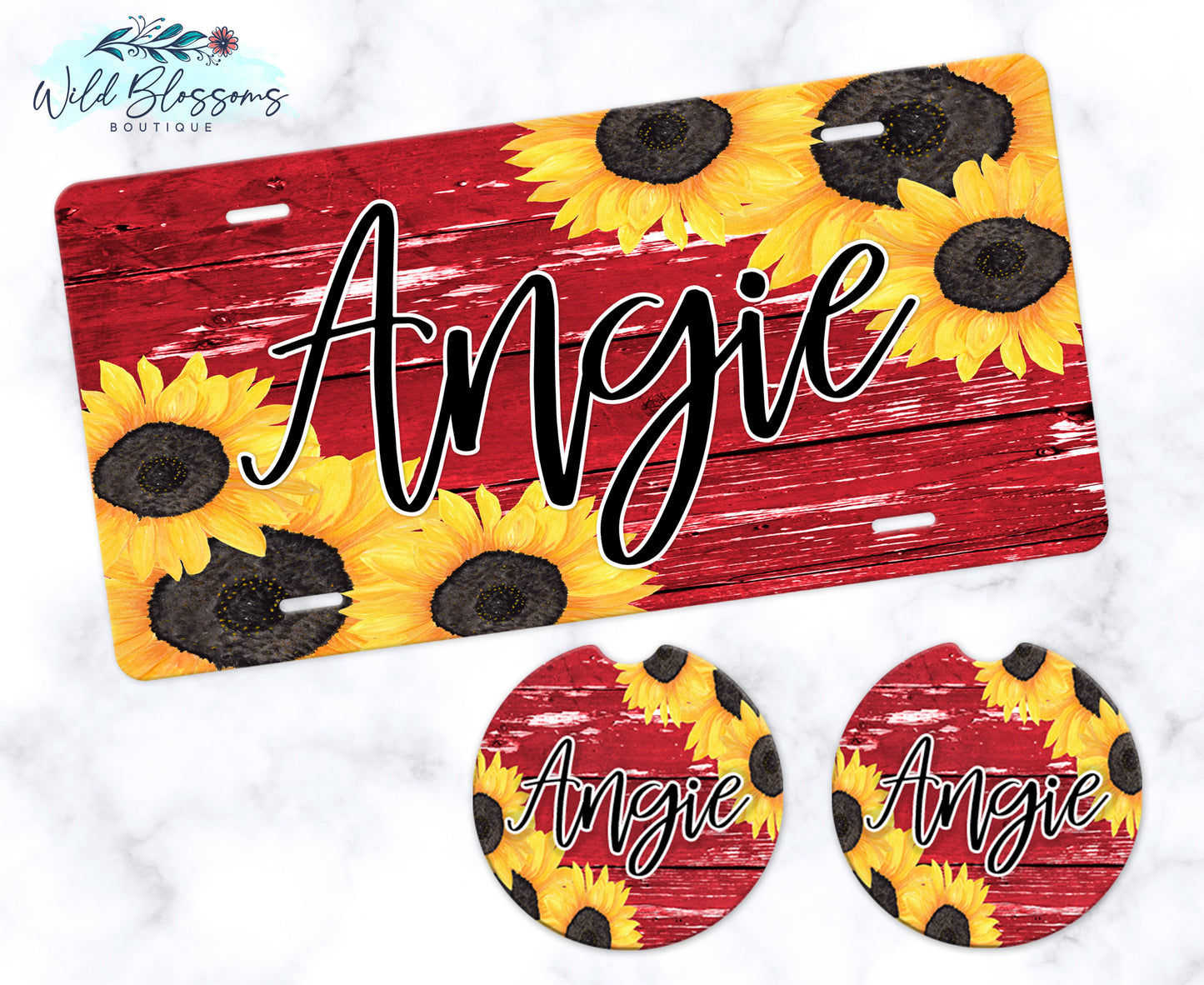 Red Wooden Sunflower License Plate