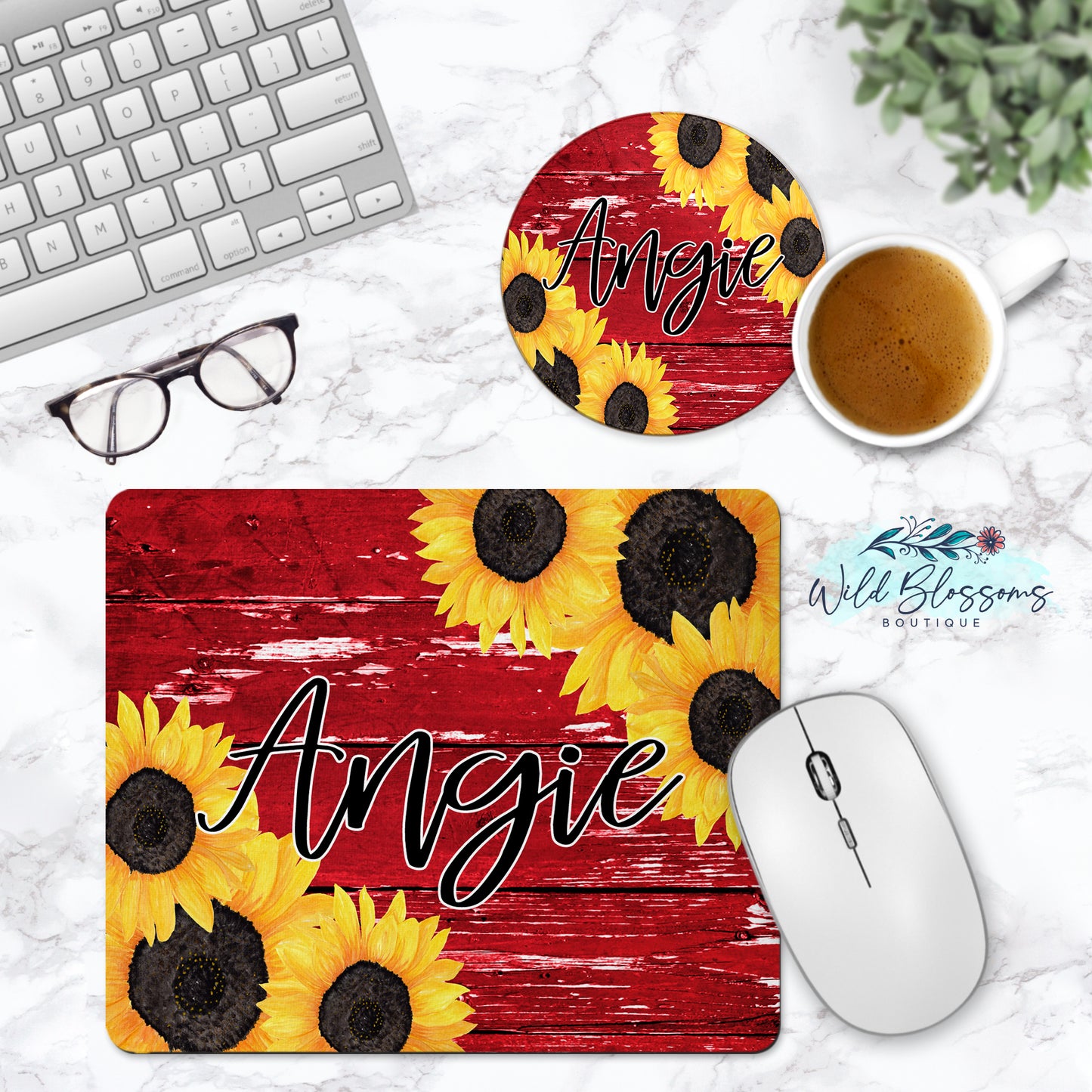 Red Wooden Sunflower Personalized Mouse Pad And Coaster Desk Set
