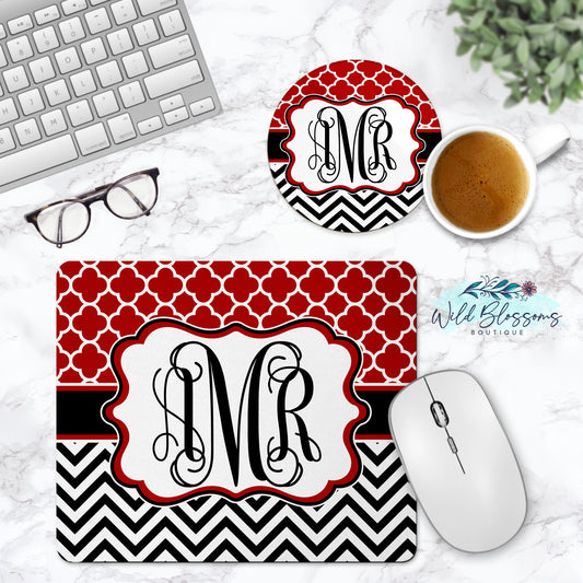 Red And Black Monogram Mouse Pad And Coaster Desk Set