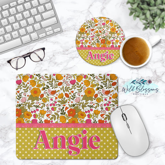Retro Floral Bird Personalized Mouse Pad And Coaster Desk Set