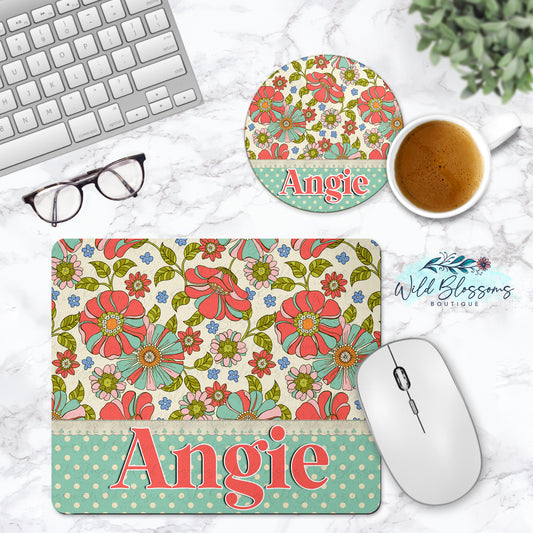 Retro Floral Personalized Mouse Pad and Coaster Desk Set