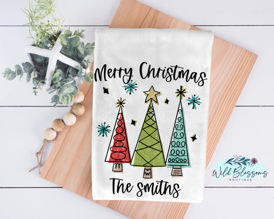 Merry Christmas Retro Christmas Tree Kitchen Towel