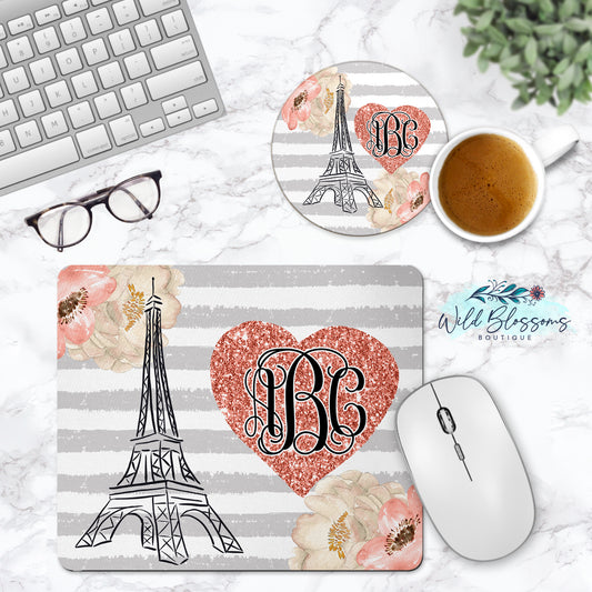 Rose Gold Eiffel Tower Personalized Mouse Pad And Coaster Desk Set