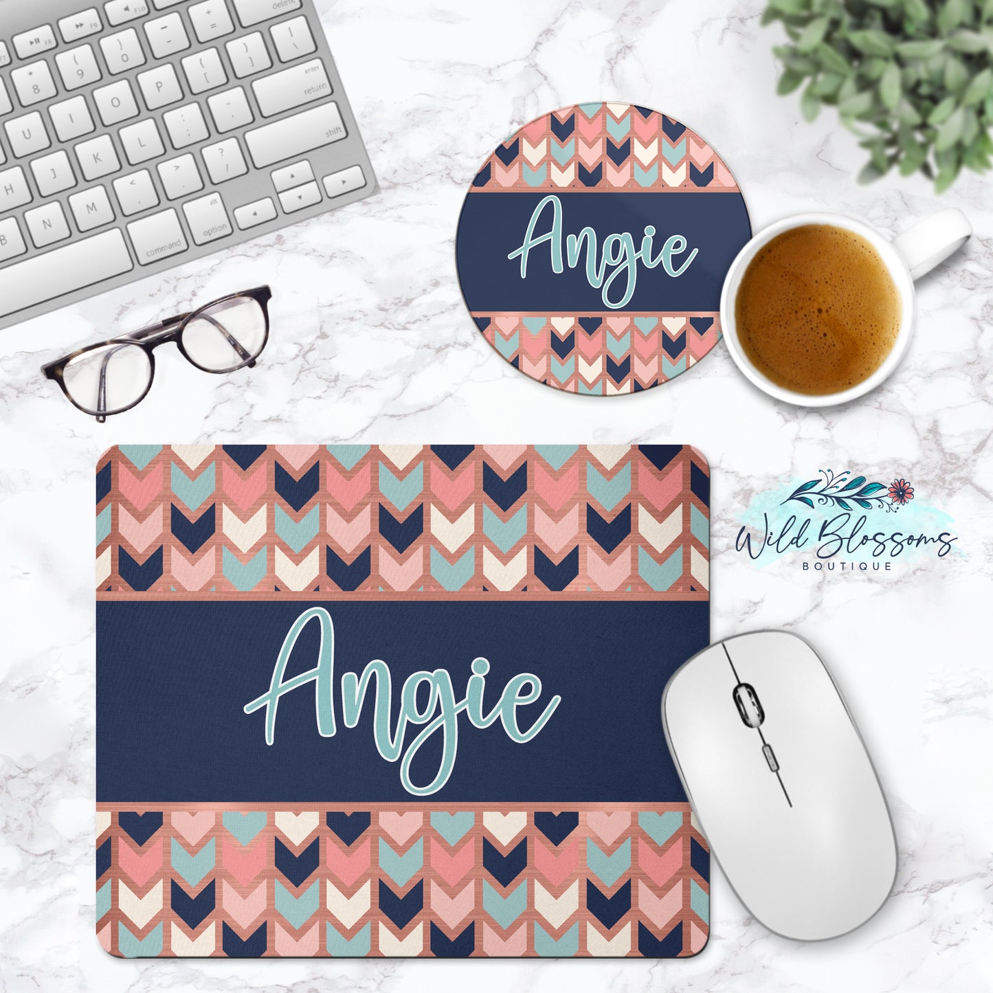 Rose Gold, Mint And Navy Chevron Personalized Mouse Pad And Coaster Desk Set