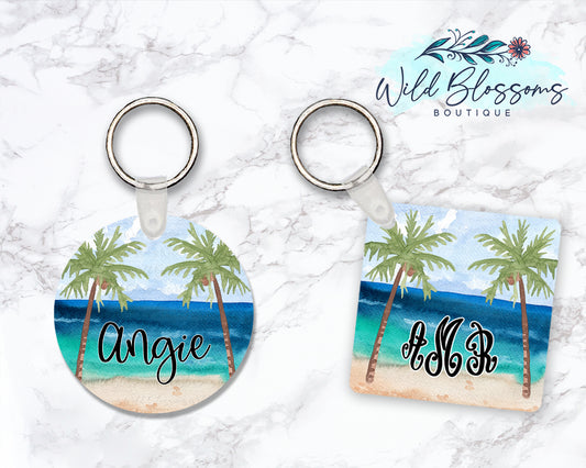 Personalized Beach Scene Round or Square Double Sided Keychain