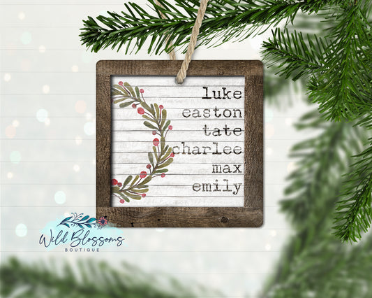 Rustic Wooden Christmas Wreath Family Name Ornament