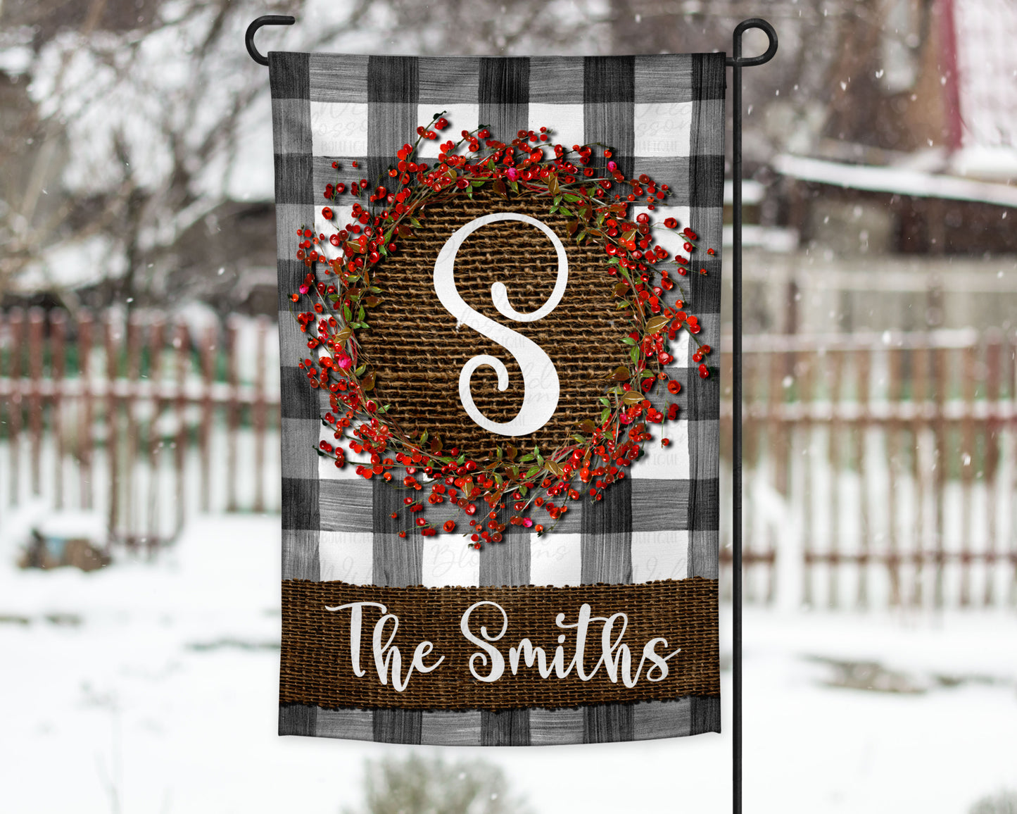 Red Berry Wreath Buffalo Plaid and Burlap Garden Flag