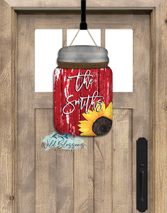 Red Wooden Sunflower Mason Jar Door Hanger
