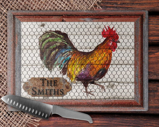 Wooden Frame And Chicken Wire Rooster Glass Cutting Board