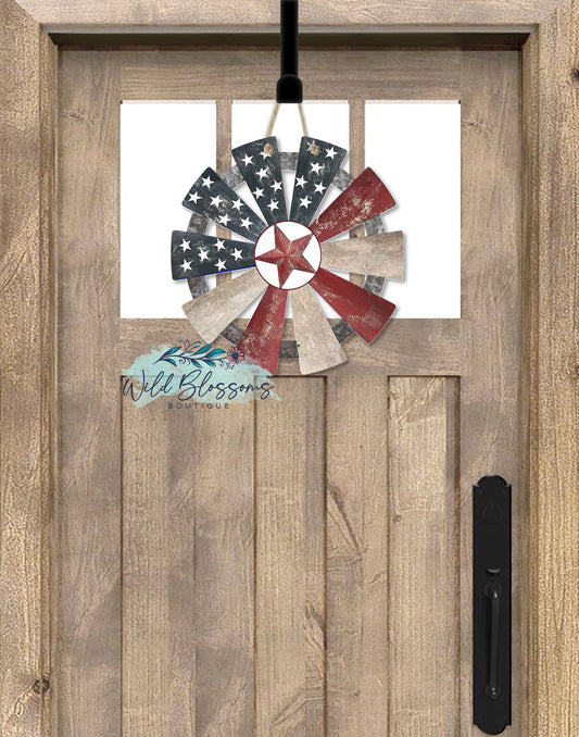 Rustic American Flag Windmill Door Hanger