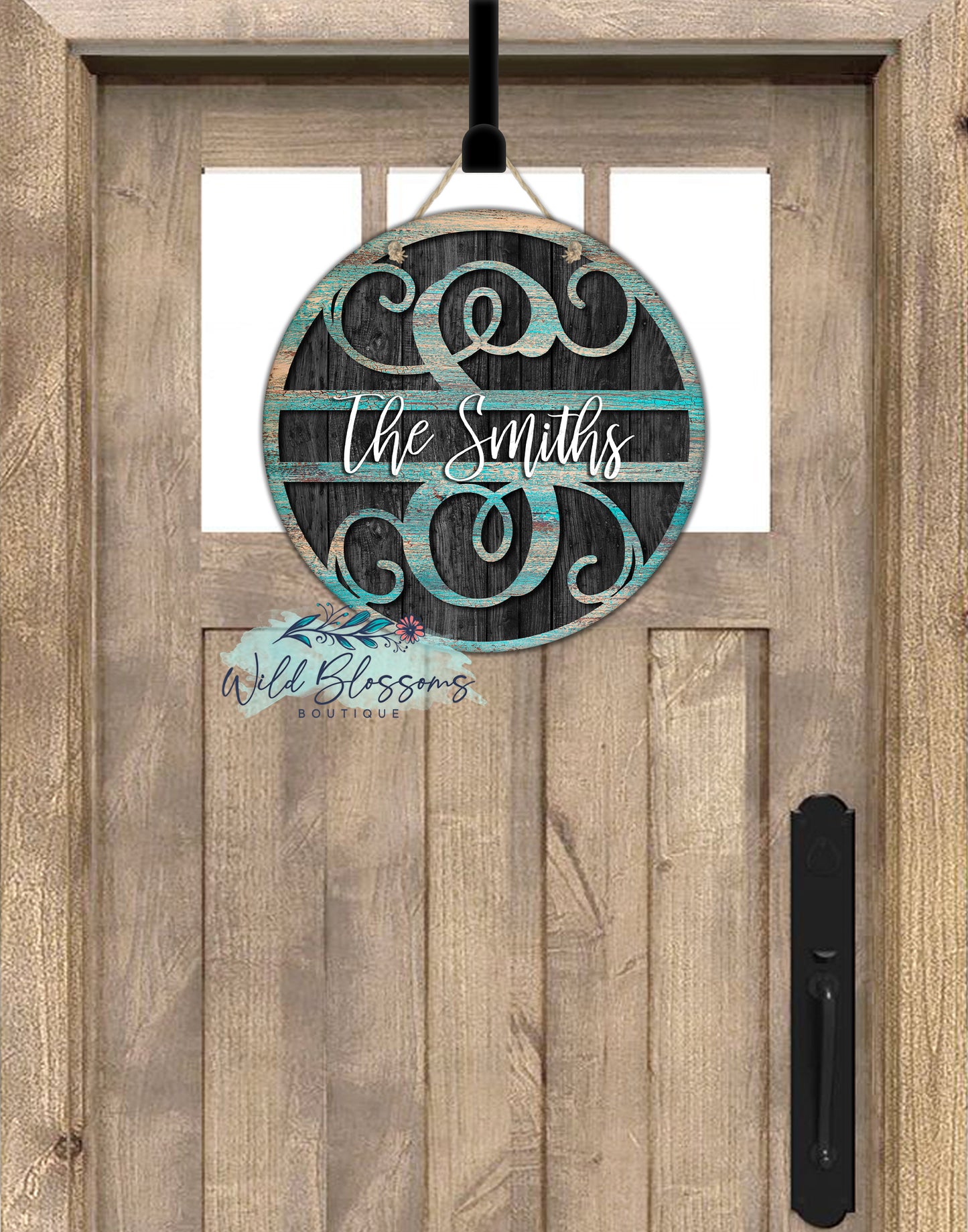 Rustic Chippy Wooden Turquoise Split Monogram Round Door Hanger