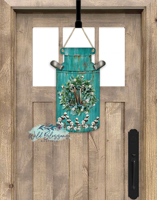 Blue Rusty Metal Cotton Wreath Milk Can Door Hanger