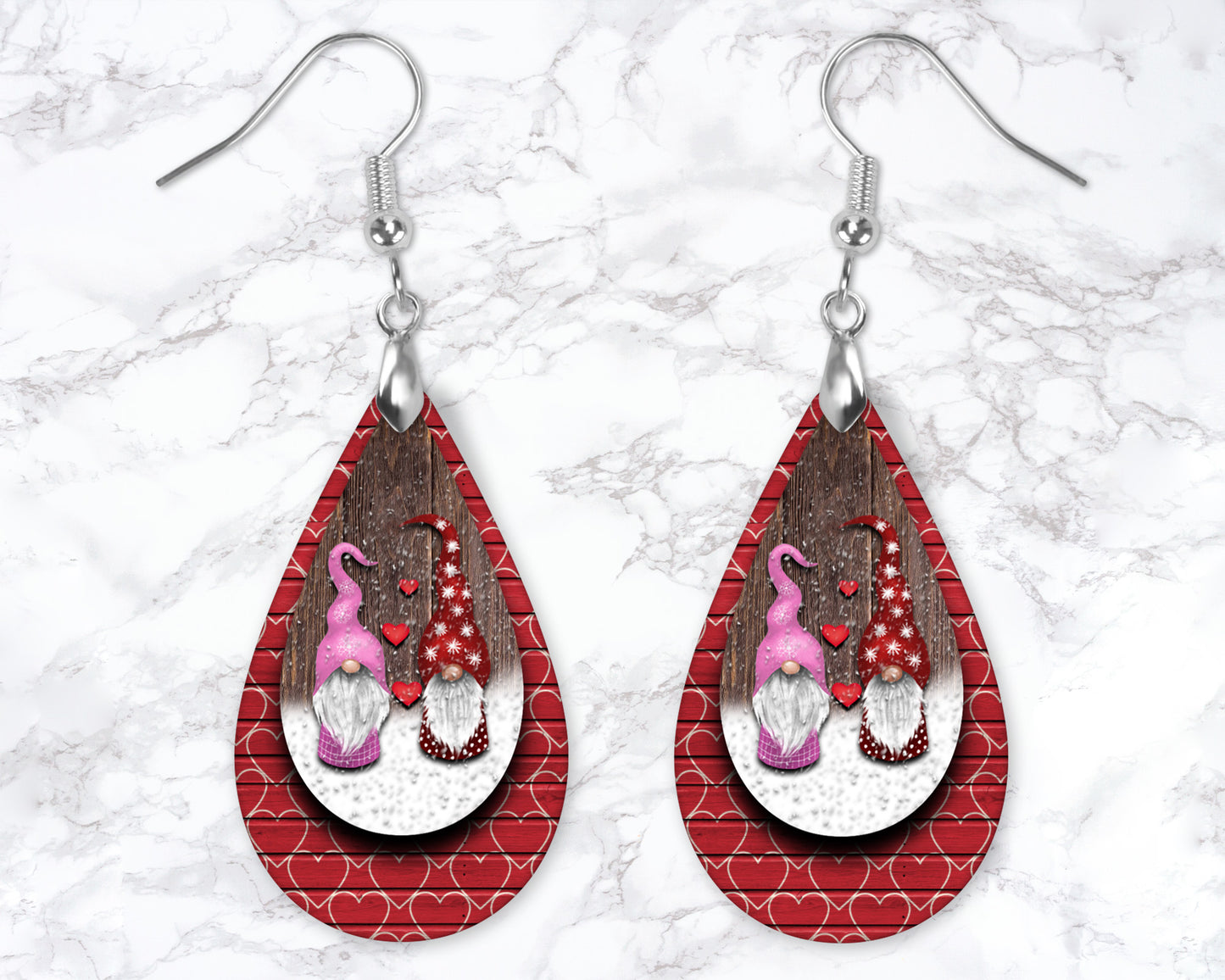 Red Heart Snowy Valentines Gnome Drop Earrings