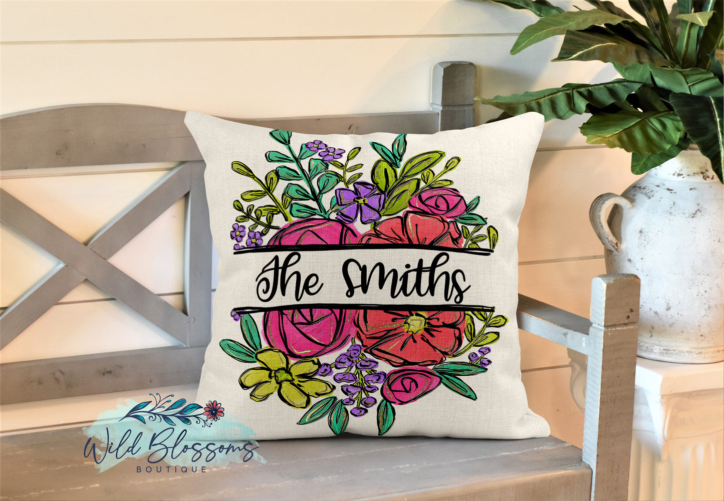 Split Floral Family Name Pillow