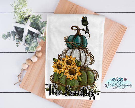 Stacked Pumpkins And Sunflowers Kitchen Towel