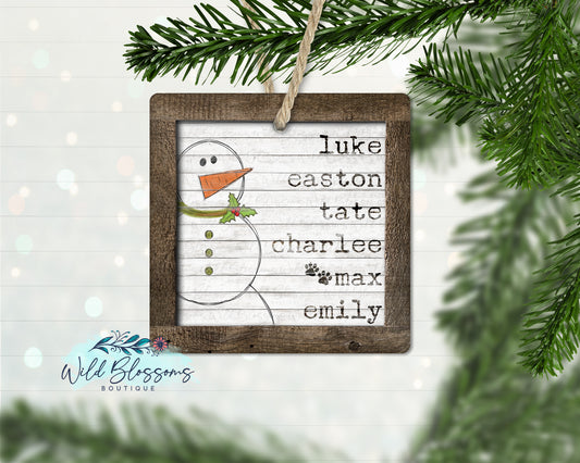 Rustic Wooden Snowman Family Name Ornament