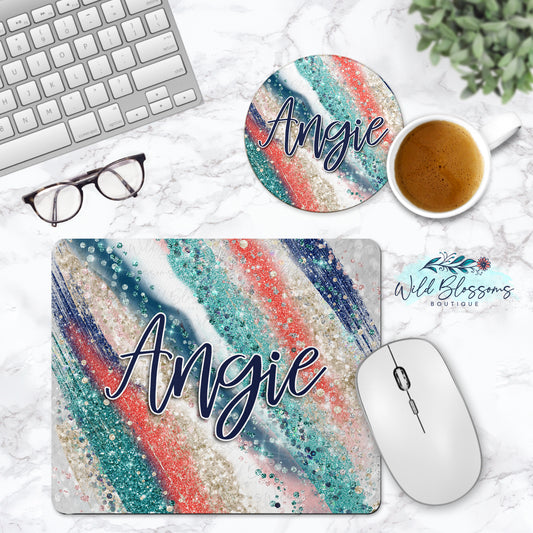 Teal Navy Coral Milky Way Personalized Mouse Pad And Coaster Desk Set