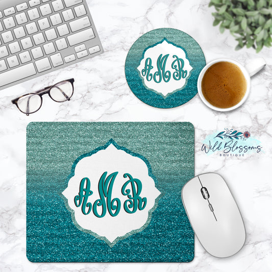 Teal Ombre Glitter Look Personalized Mouse Pad And Coaster Desk Set