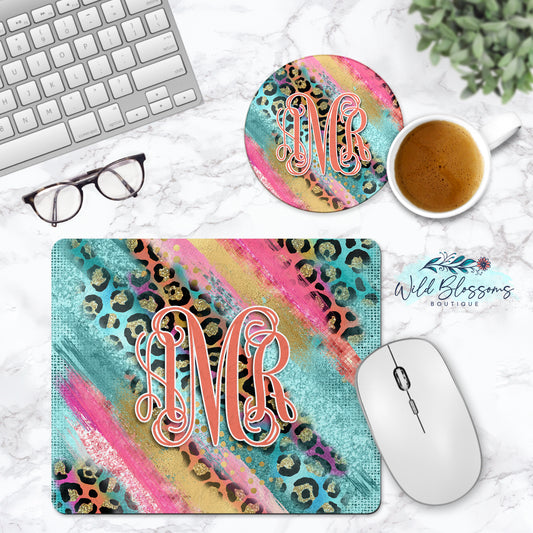 Teal Sherbet Leopard Print Milky Way Personalized Mouse Pad And Coaster Desk Set