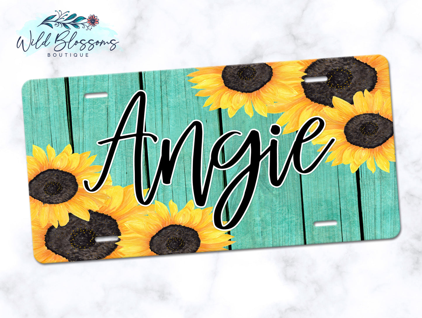 Teal Wooden Sunflower License Plate
