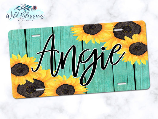 Teal Wooden Sunflower License Plate
